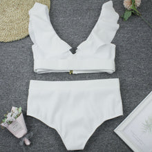 Cargar imagen en el visor de la galería, High Waisted - White Bikini Metal Buckle with Ruffles
