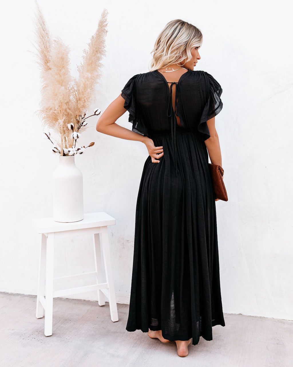 Long Black Boho Dress Slubbed